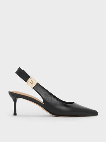Black Cody Leather Pointed-Toe Kitten-Heel Slingback Pumps | CHARLES & KEITH UK | Charles & Keith UK