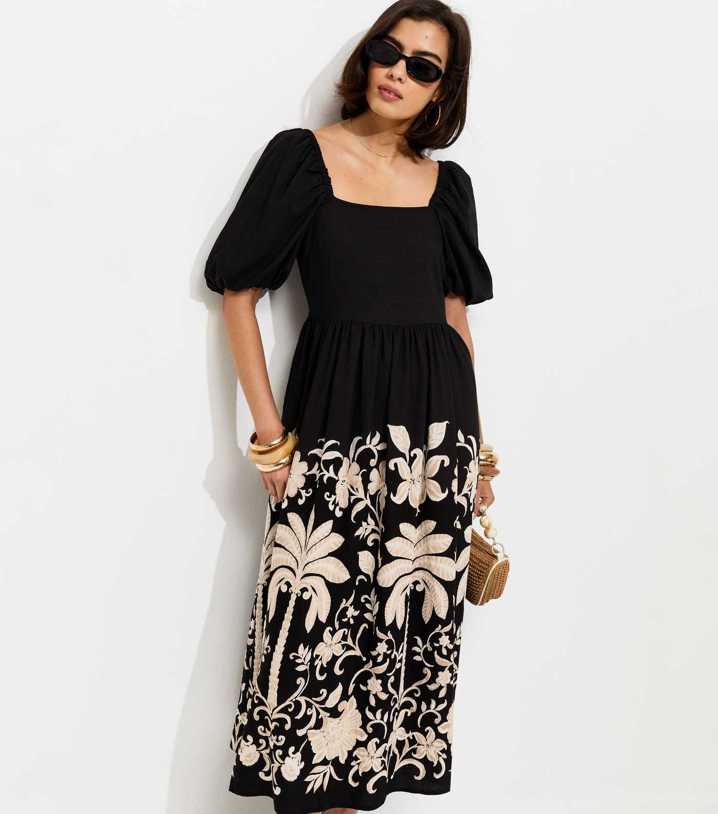 Black Floral Border Print Milkmaid Midi Dress | New Look | New Look (UK)