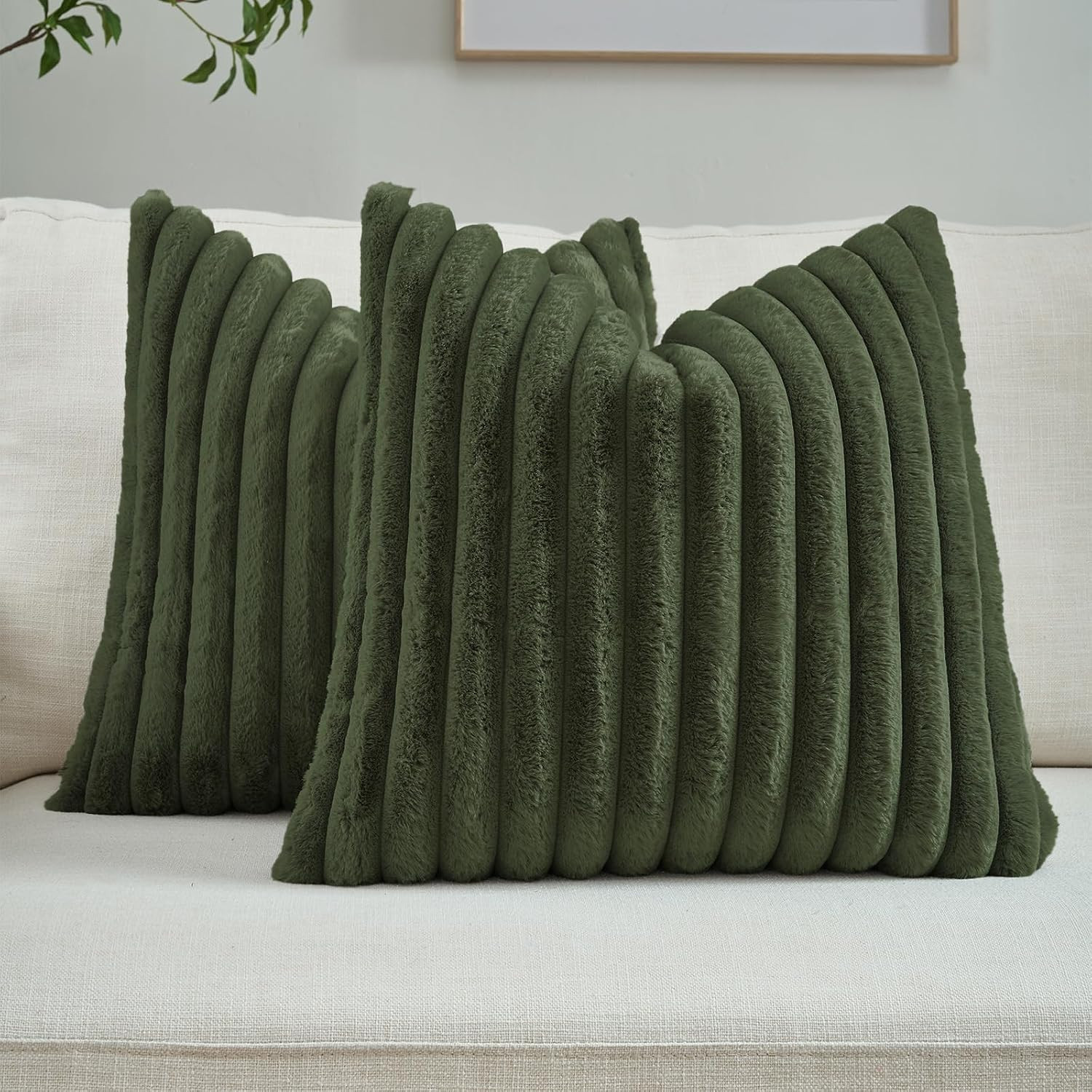 Pack of 2 Faux Fur Throw Pillow Covers 18x18 Inch, Olive Green | Amazon (US)