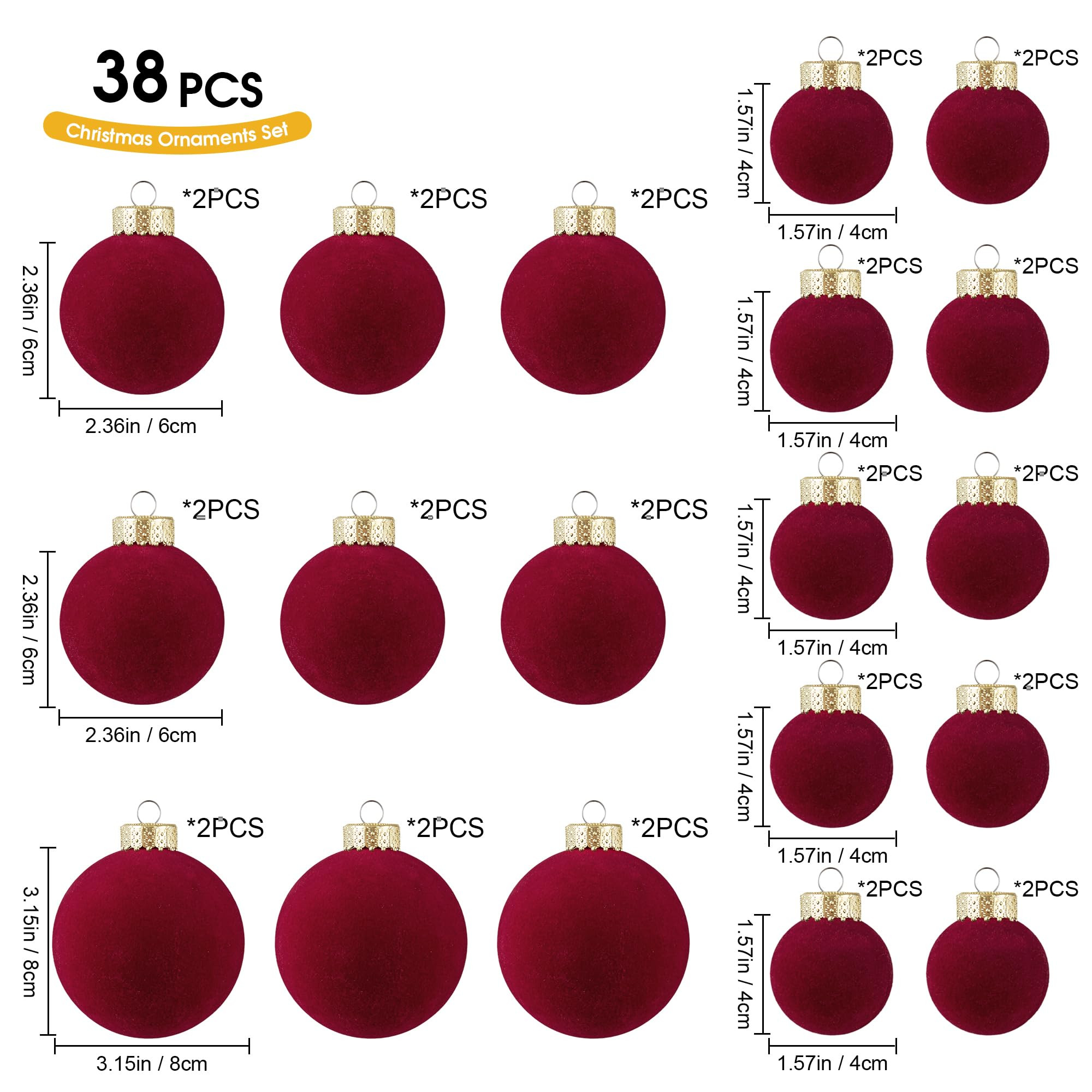 Velvet Christmas Ornaments Set 38Pcs Flocked Shatterproof Christmas Ornaments for Christmas Tree ... | Amazon (US)