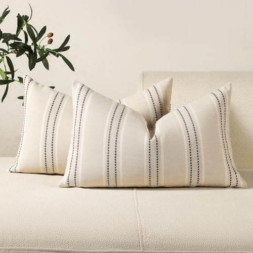 Hckot Hand Made Throw Pillow Covers 12x20 Set of 2 Striped Pillow Covers Textured Linen Decorativ... | Amazon (US)