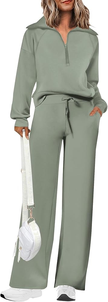 PRETTYGARDEN Women's 2 Piece Outfits Casual Lapel Half Zip Sweatshirts and Wide Leg Pants Tracksu... | Amazon (US)