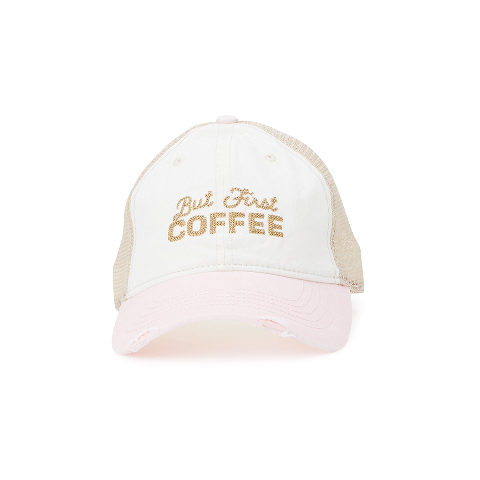 Time and Tru Women's Khaki and Pink Embroidered But First Coffee Washed Cotton Twill Baseball Hat... | Walmart (US)