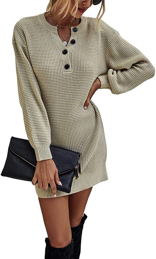 KIRUNDO 2021 Women's Winter Long Sleeve Sweater Dress V Neck Button Henley Long Knit Top Tunic Mini  | Amazon (US)