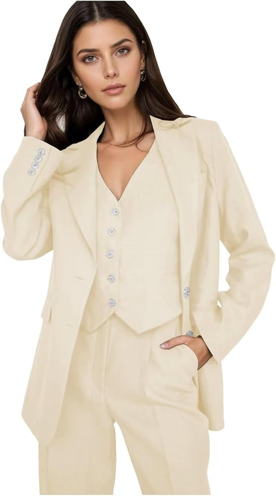 Linen Womens Suit Summer 3 Piece Suits for Women Casual Work Blazer Vest Pants Dressy Womens Pant... | Amazon (US)