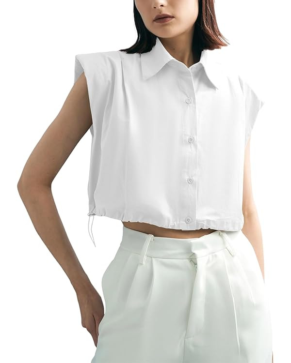 Tankaneo Womens Sleeveless Button Down Shirts Casual Loose V Neck Pad Shoulder Crop Tank Top | Amazon (US)