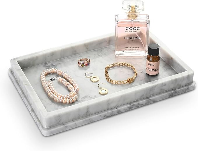 Italian Real Natural Marble Bathroom Vanity Tray 12 inch, Carrara White Stone Jewelry Tray, Recta... | Amazon (US)