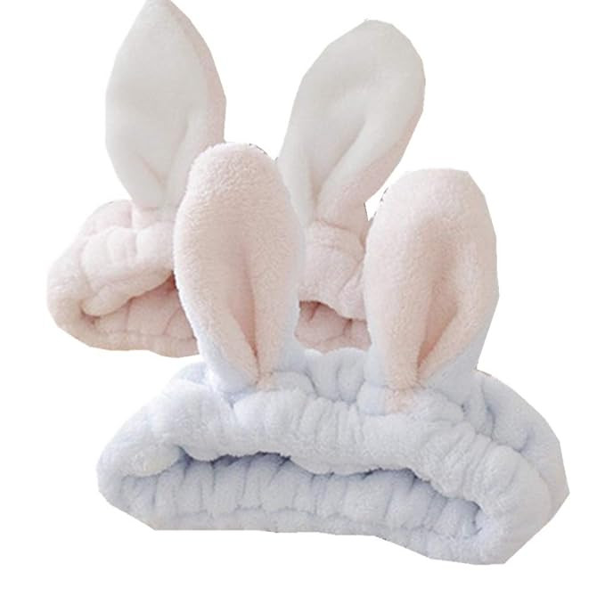 bouti1583 Women Fashion Soft Flannel Bunny Ear Makeup Cosmetic Shower Elastic Headband 2Pcs | Amazon (US)