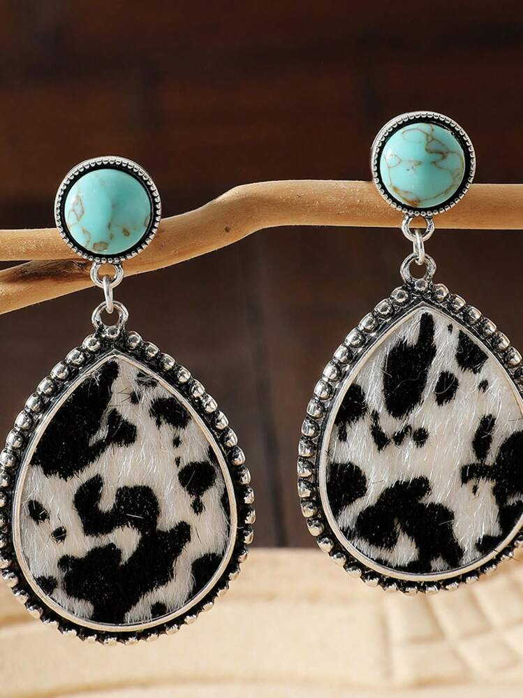1pair Vintage Western Style Turquoise & Cow Print Drop Earrings For Women Fashion Jewelry Gift | SHEIN