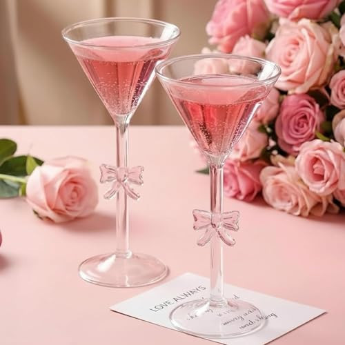 FoldTier 2 Pack Pink Bow Martini Glasses 9 oz Bow Coquette Cocktail Glass Hand Blown Wine Champagne Cup Girly Glassware Gift for Wedding Birthday Bridal Bar Party | Amazon (US)