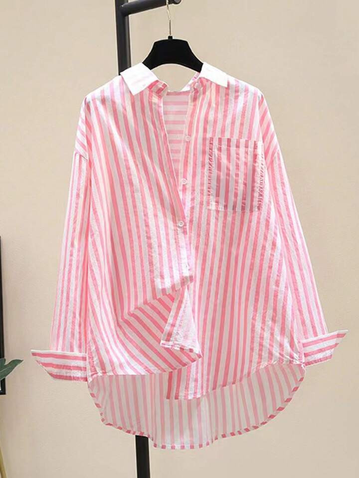 SHEIN Women's Casual Striped Print Long Sleeve Chest Pocket Shirt, Autumn &Winter | SHEIN