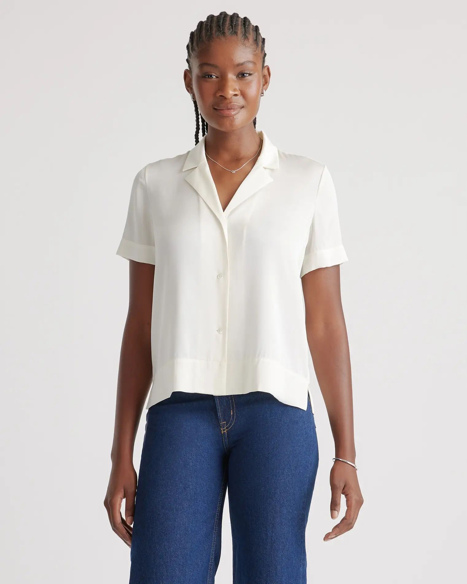 Washable Stretch Silk Short Sleeve Notch Collar Blouse | Quince