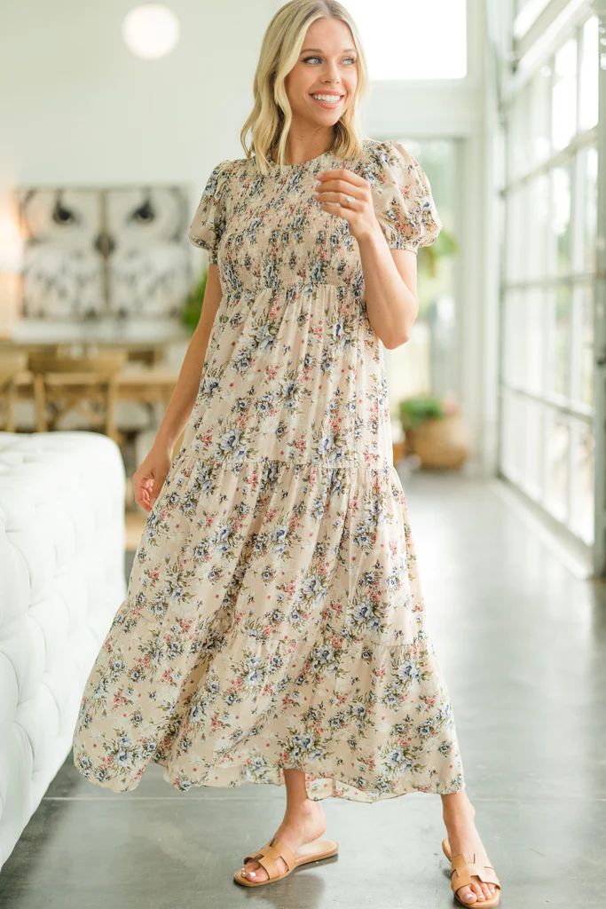 What A Day Beige Brown Ditsy Floral Maxi Dress | The Mint Julep Boutique