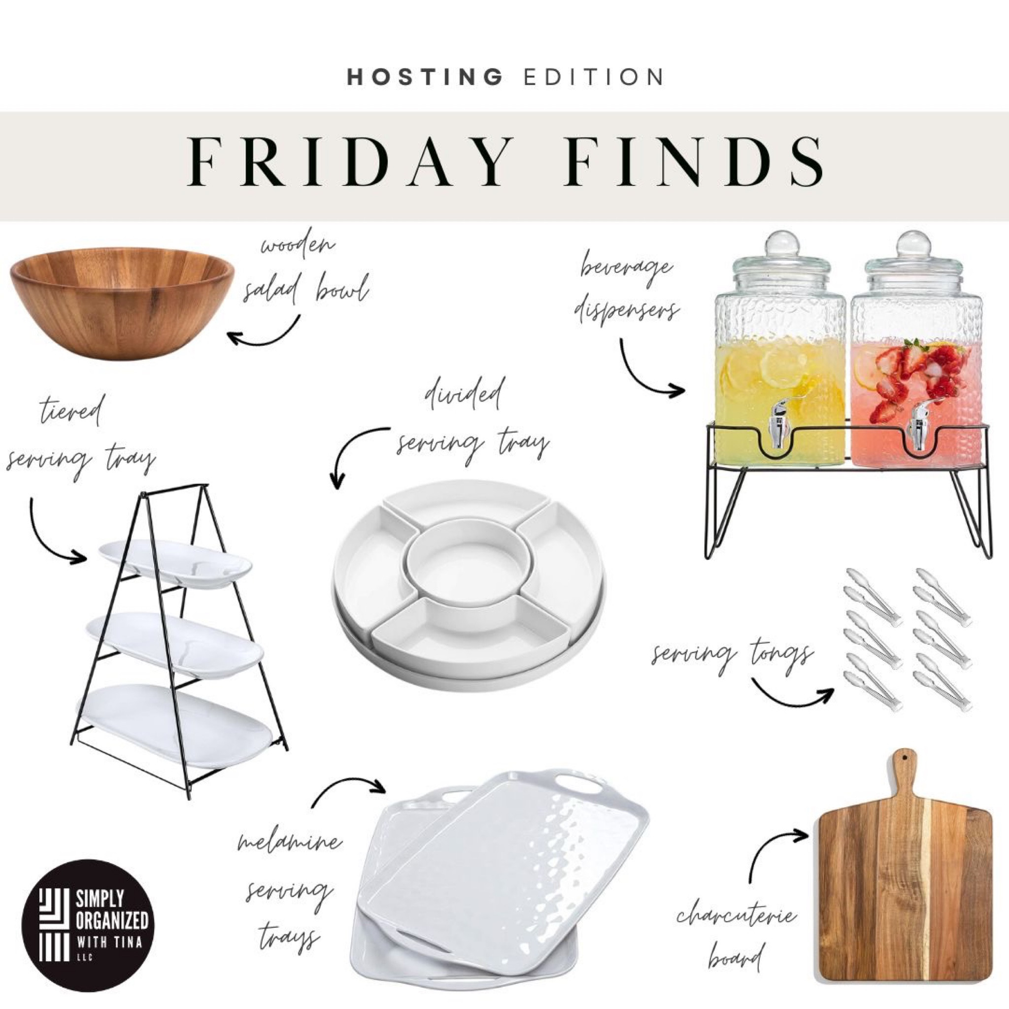 Simplifying your servingware and platters to items that can be used for any holiday or occasion will allow you to edit down your holiday-specific servingware and platters and make each occasion easier to plan and set in place. You can still be festive by bringing in smaller decorative pieces, placemats, and runners, which take a lot less space to store. Here are our favorite hosting staples:
Tiered serving tray- We love how this tray easily breaks down to store nicely but also gives height and dimension when set to serve hors d'oeuvres 
Divided serving tray- This can be used as a divided up space or all one level. Each piece is removable, so can work with whatever you are serving
Two beverage dispensers- Easy to serve drinks in style
Wooden salad bowl-The wood brings warmth and dimension and changes the texture of the servingware
Wooden charcuterie board- Perfect for a variety of charcuterie arrangements and can be decoratively stored on your counter when not in use 
Melamine serving platters - These versatile platters are great for both warm or cold foods and can used for appetizers or main dishes
Serving tongs- Elegant, modern design can be used for many different food items


#LTKHoliday #LTKhome #LTKparties
