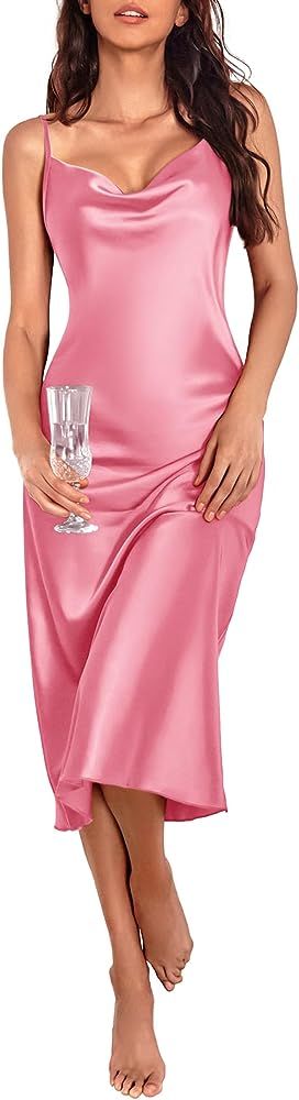 Ekouaer Womens Satin Nightgown Sexy Lingerie Sleepwear Spaghetti Strap Cowl Neck Elegant Long Sli... | Amazon (US)