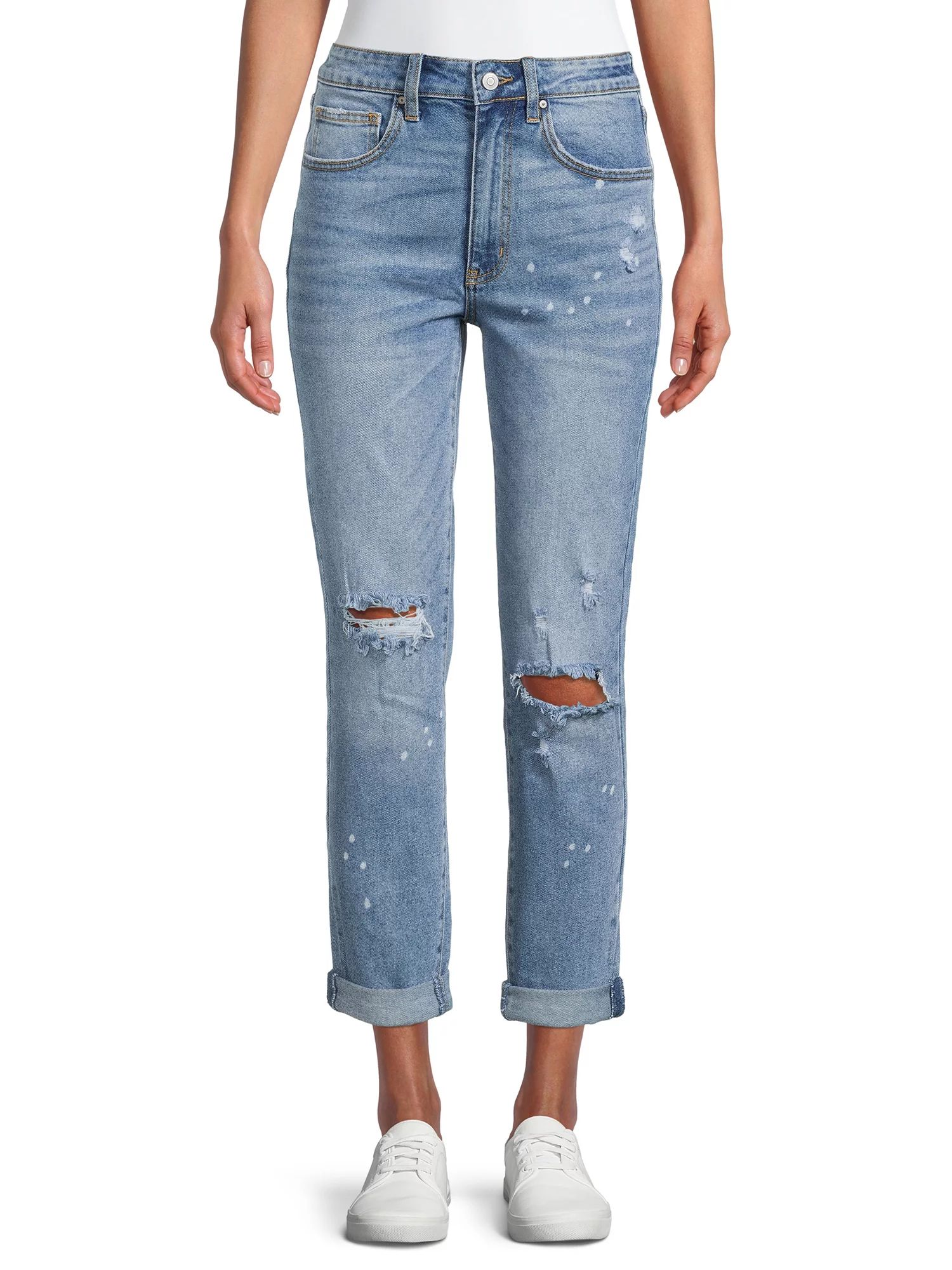 No Boundaries Juniors’ High Rise Destructed Girlfriend Jeans - Walmart.com | Walmart (US)