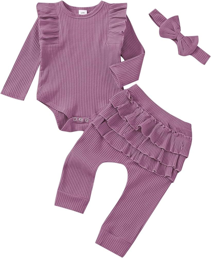 Baby Girl Clothes Newborn Infant Fall Winter Outifts Ribbed Ruffle Long Sleeve Romper Pant Outfit... | Amazon (US)