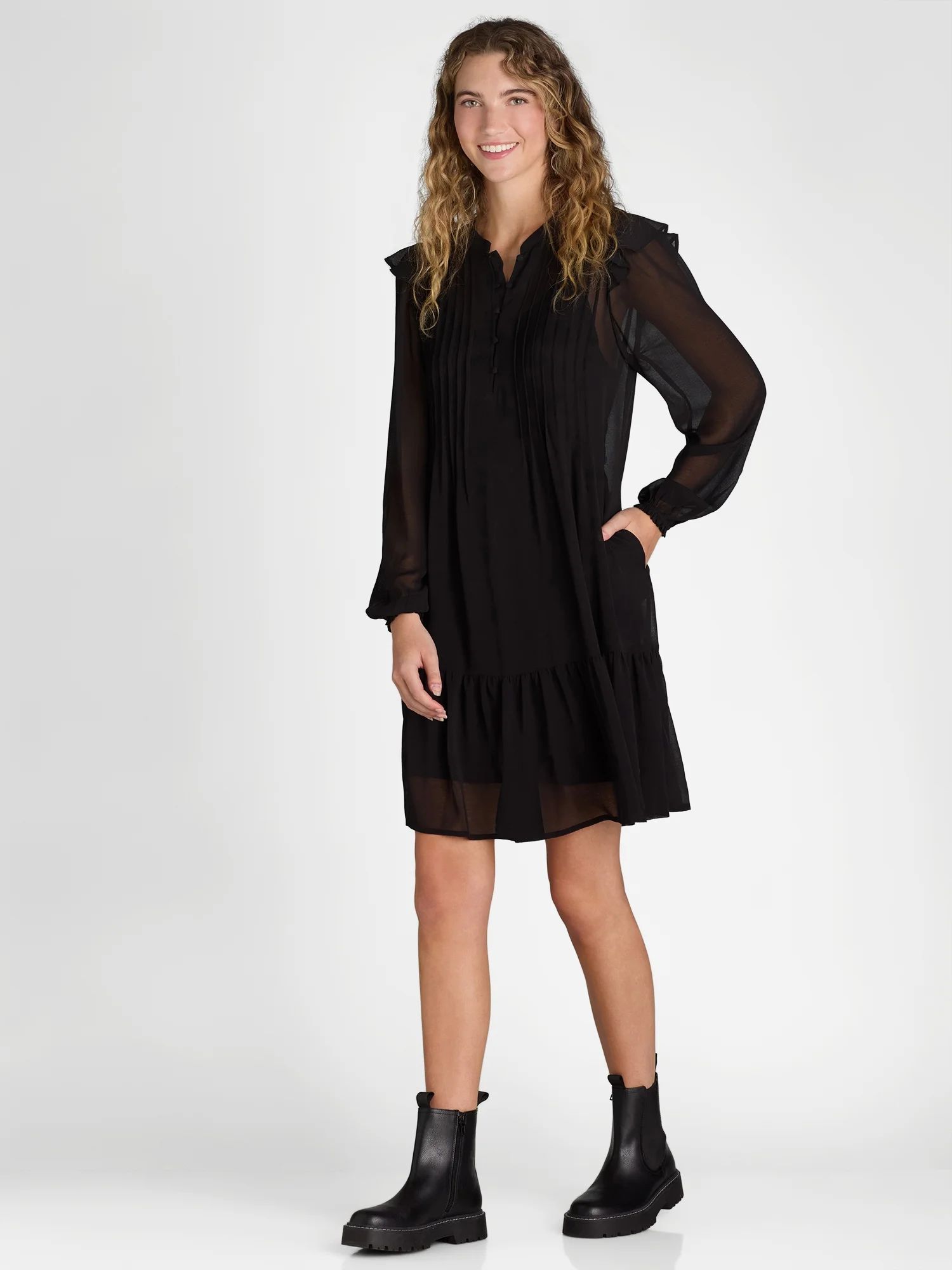 Time and Tru Women's Pintuck Mini Dress with Long Sleeves, Sizes XS-XXXL | Walmart (US)