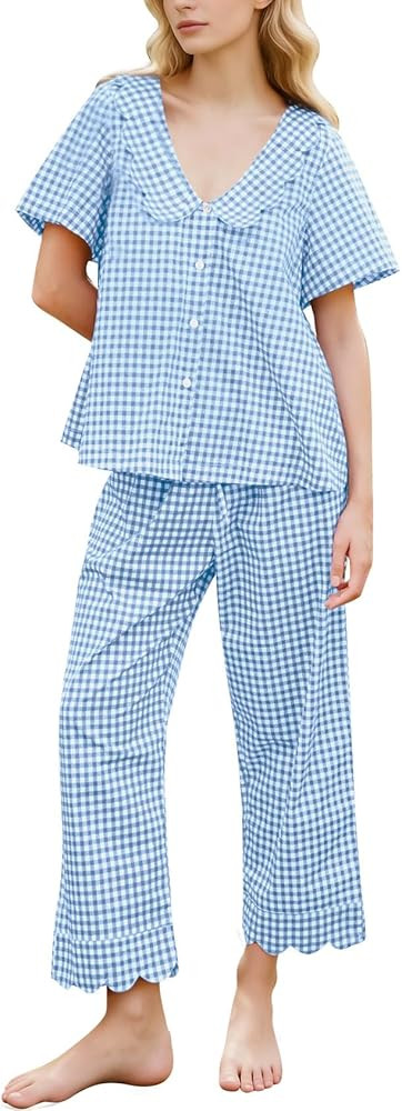 Kissonic Womens Gingham Pajama Set Cute Cotton Ruffle Pajamas Cozy Plaid Y2K Pjs Babydoll Sleepwe... | Amazon (US)