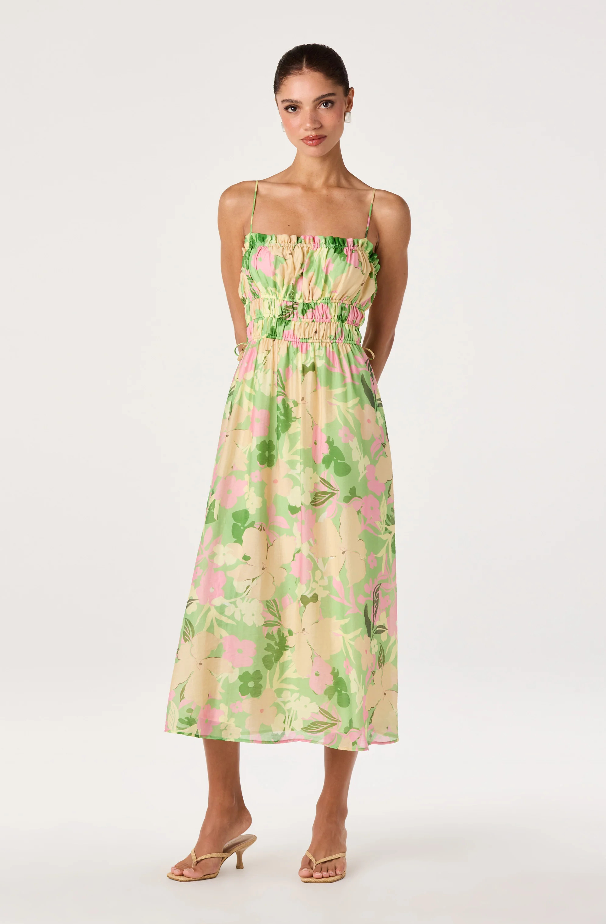 Maren Smocked Floral Midi Dress - Green floral / XS | ASTR The Label (US)