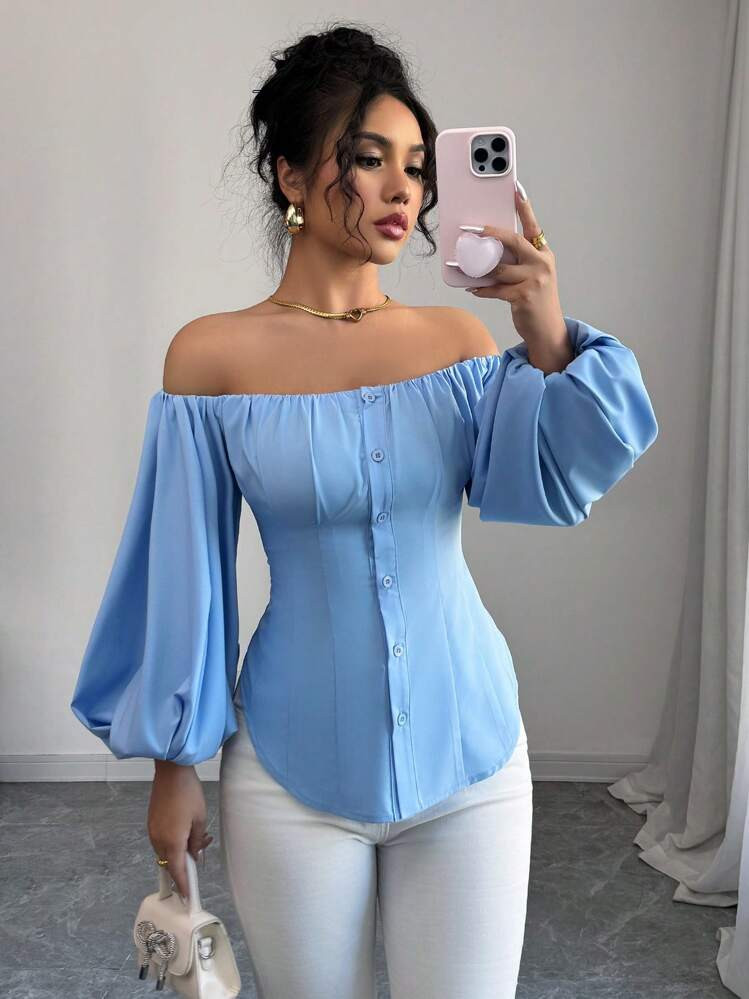 Elenzga Off-Shoulder Puff Sleeve Cinched Waist Shirt | SHEIN