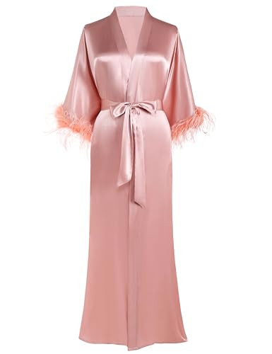PRODESIGN Satin Kimono Robe Long Silky Bath Robe with Ostrich Feather Trim Sleepwear Wedding Bridesmaid Robe | Amazon (US)