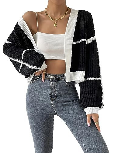 COZYEASE Women's Color Block Crop Cardigan Top Bishop Long Sleeve Open Front Sweater Black and White L | Amazon (US)
