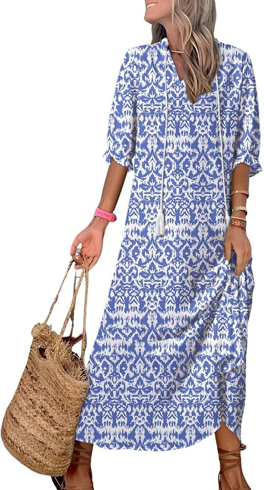 Dokotoo Women Boho Summer Dress 2024 Frill Short Sleeve Tassel V Neck Ruffle Flowy A-Line Maxi Dr... | Amazon (US)