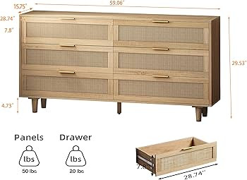6 Drawer Double Dresser for Bedroom,Natural Rattan Modern Drawer Chest,Wooden Storage Wardrobe Dr... | Amazon (US)