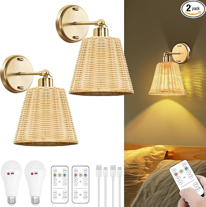 Frideko Rattan Rechargeable Battery Operated Wall Sconces Set of Two with Remote, 3 Colors Dimmab... | Amazon (US)