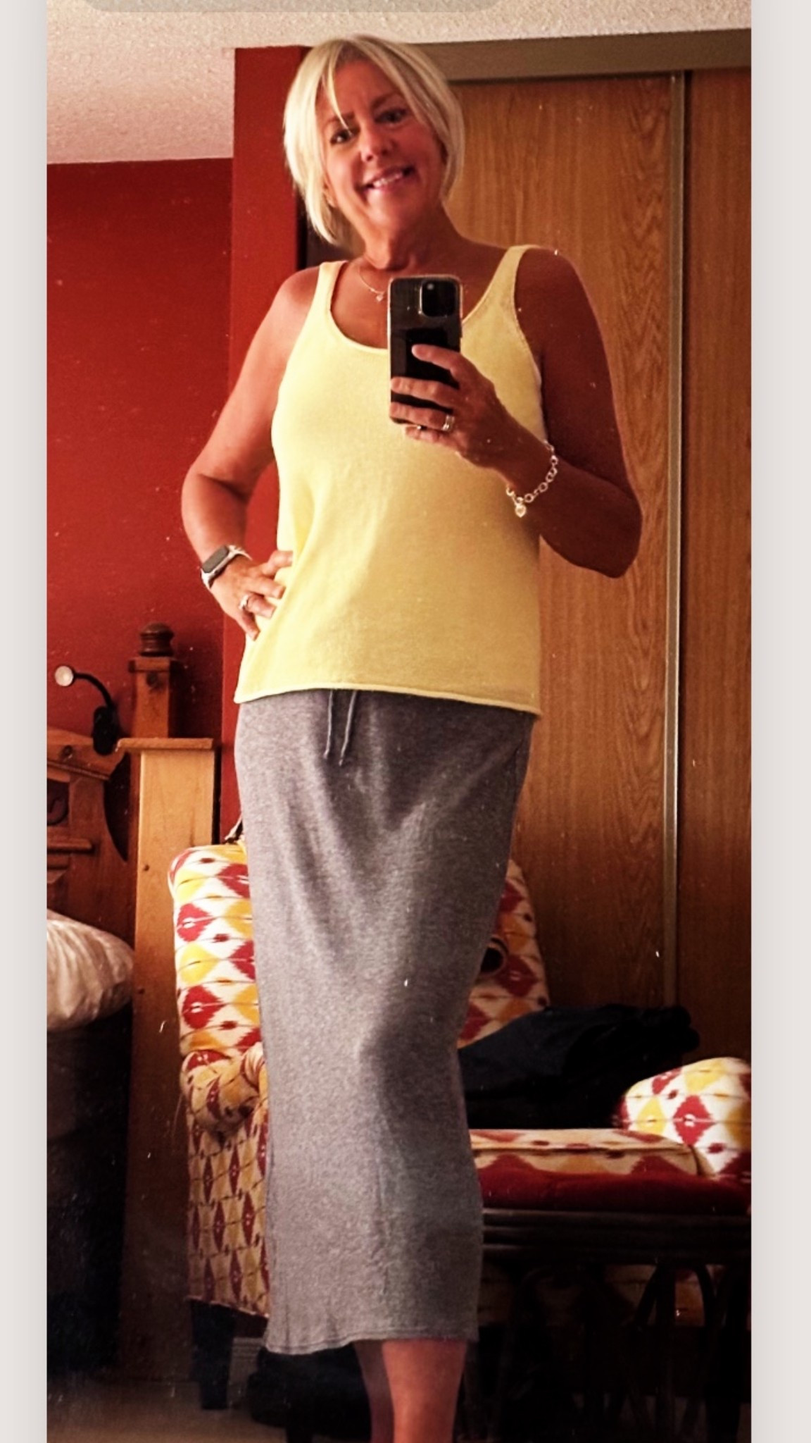 Keeping cool is the name of the game this week

This lightweight cotton maxi skirt has a drawstring waist -  loose fitting and very comfortable and it keeps your legs from burning when sitting in car on the black leather seats . 

Worn with a stretch nylon slip tank under a knit lightweight yellow tank .  

Skirt @zara
Tanks @zara

#tanktops
#staycool
#keephydrated
#maxiskirt
#butteryellow
#fashionablesixties
#humpday