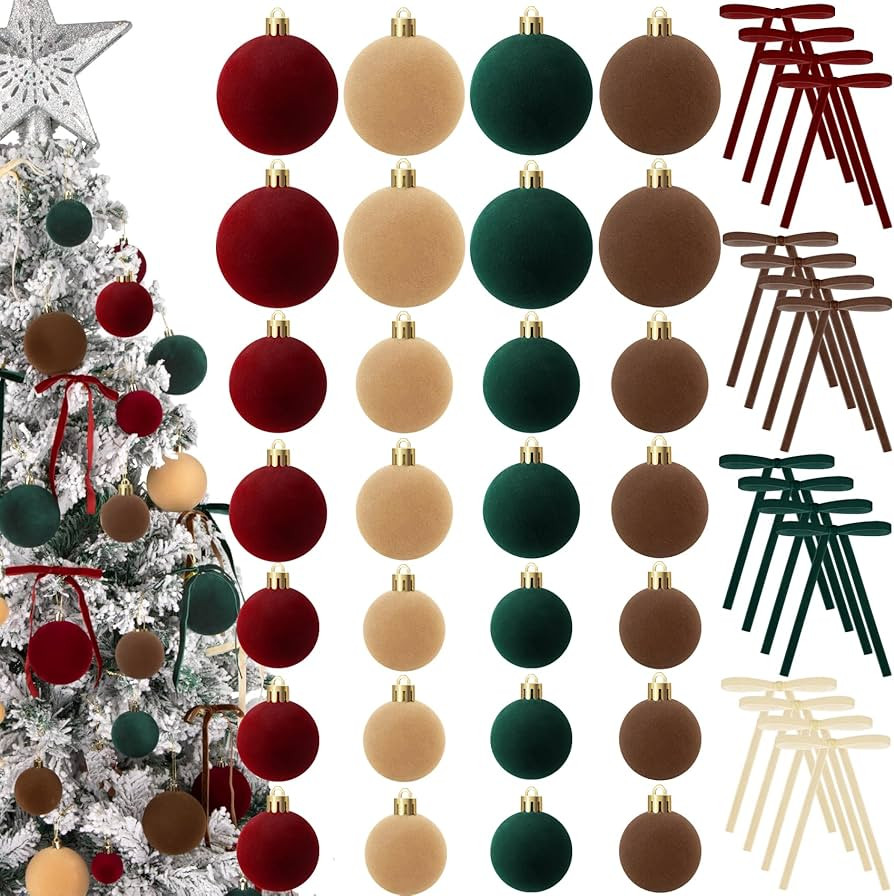 44 PCS Velvet Ornaments for Christmas Tree, Mixed Burgundy Green Brown Khaki Flocked Shatterproof... | Amazon (US)