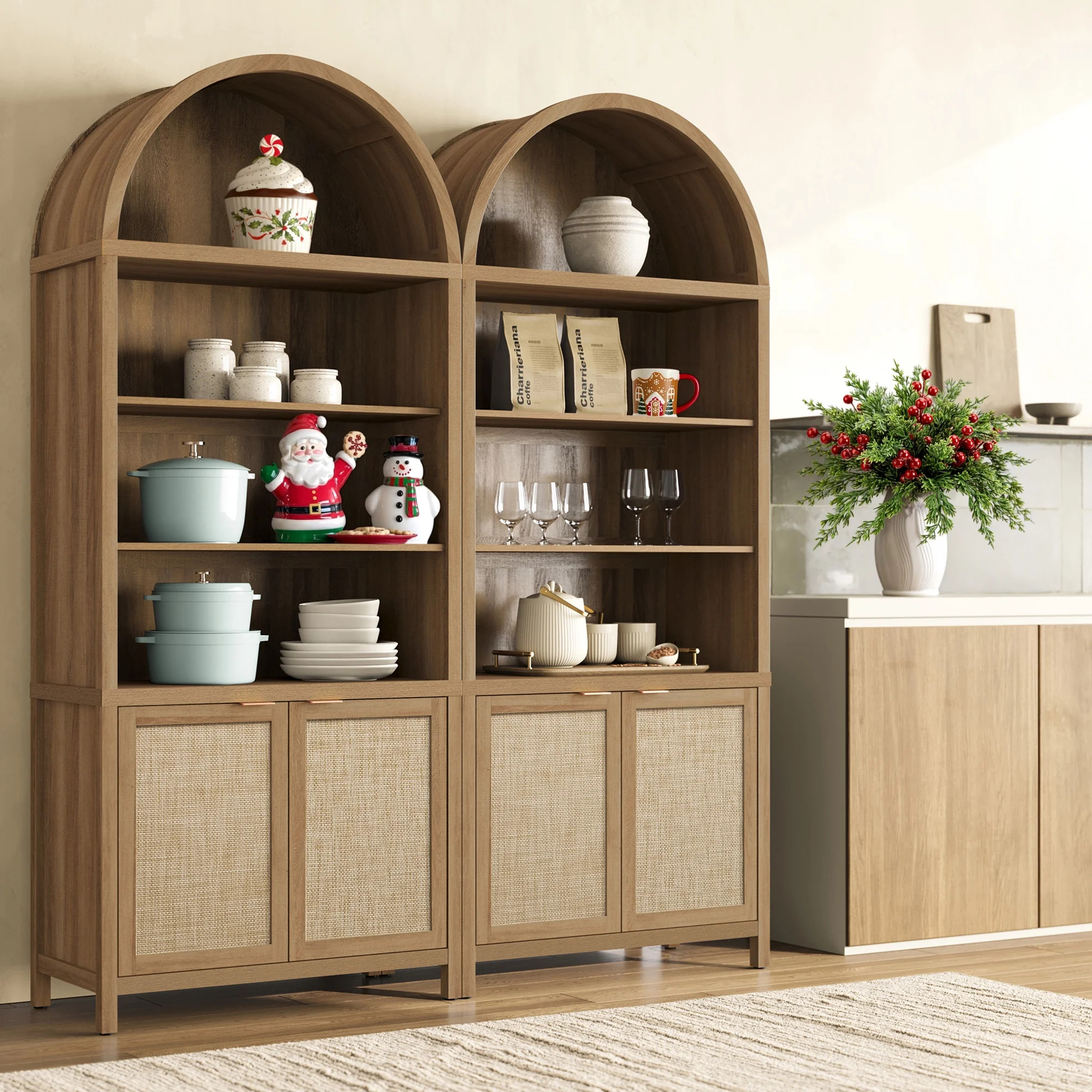 SICOTAS 84.2"H Tall Rattan Arched Kitchen Pantry Cabinet Set of 2 with Adjustable Shelves, Oversi... | Walmart (US)