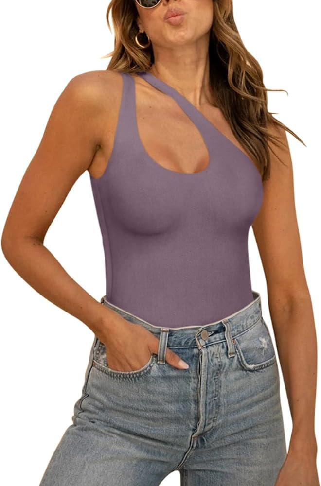 REORIA Women’s Sexy Plunge One Shoulder Sleeveless V Backless Going Out Tank Bodysuits Tops | Amazon (US)