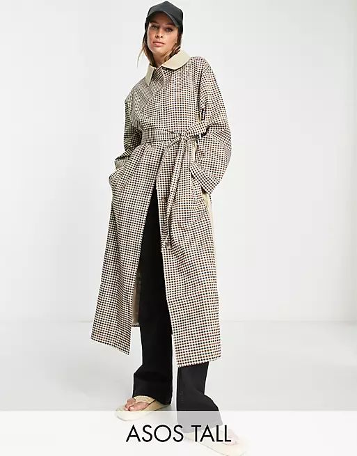 ASOS DESIGN Tall check trench coat in stone | ASOS (Global)