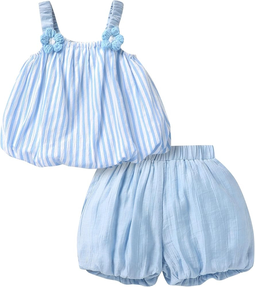 Toddler Baby Girl Boho Strip Outfit Sets Sleeveless Shirt and Bubble Shorts Summer Clothes 9M-4T | Amazon (US)