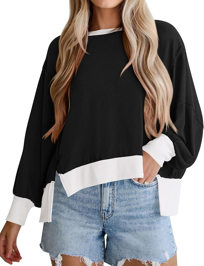 BTFBM Women's Casual Long Sleeve Oversized Sweatshirts Crewneck Side Slits Knit Clothes 2024 Fall... | Amazon (US)