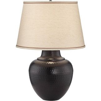 Barnes and Ivy Rustic Table Lamp 27.25" Tall Hammered Bronze Metal Pot Beige Linen Drum Shade for... | Target