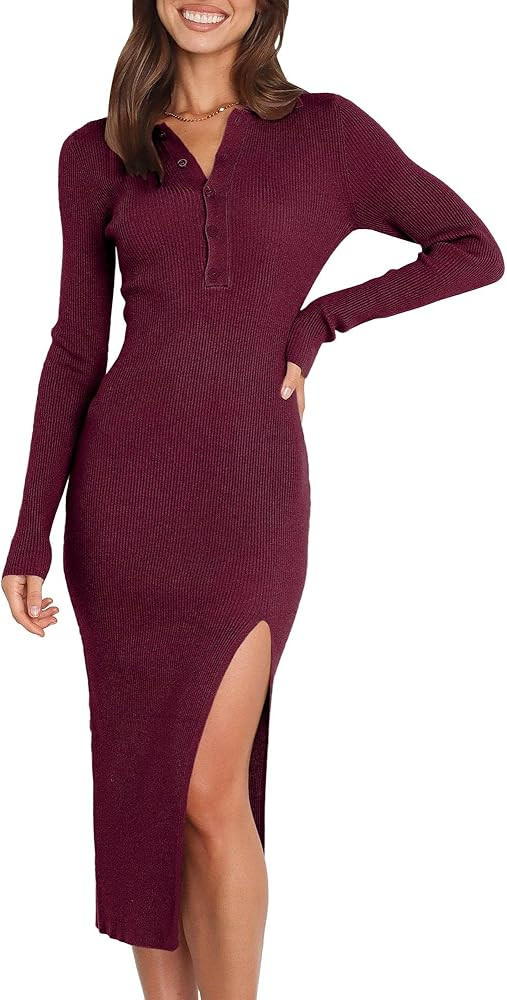 Prinbara Women's V Neck Long Sleeve Collared Button Down Knitted Bodycon Slit Midi Sweater Dress | Amazon (US)