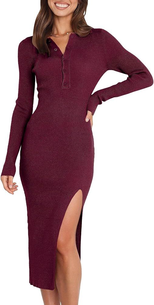 Prinbara Women's V Neck Long Sleeve Collared Button Down Knitted Bodycon Slit Midi Sweater Dress | Amazon (US)