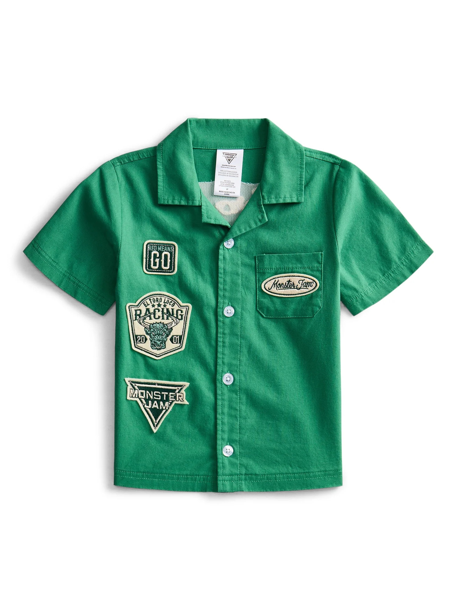 Monster Jam Toddler Boys Short Sleeve Cotton Button Down Work Shirt with Patches, Sizes 12M-5T | Walmart (US)