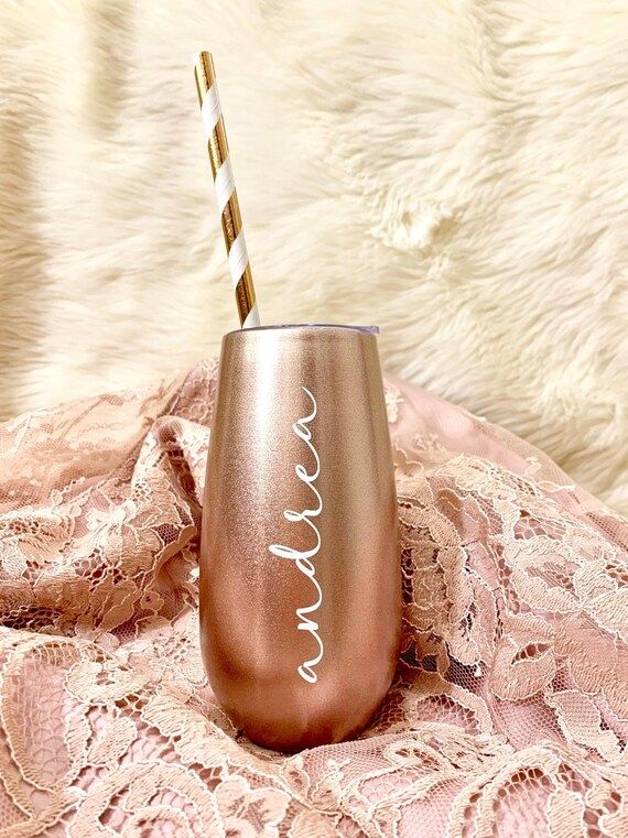 Rose gold champagne tumblers w/ names lid swirly straws for | Etsy | Etsy (US)