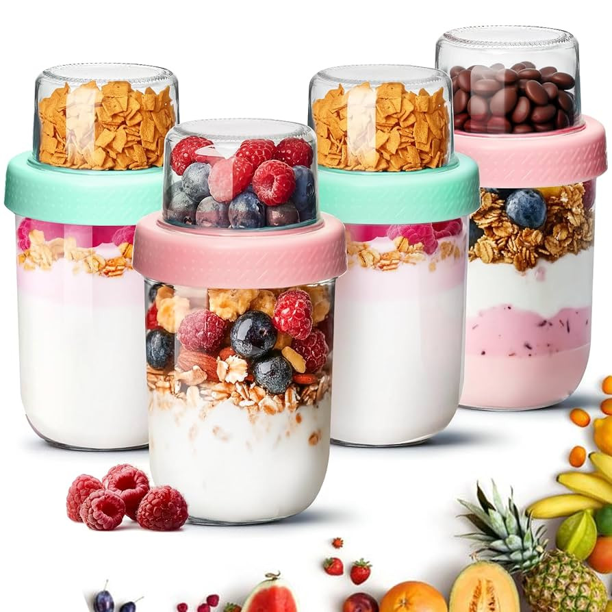 ComSaf 4-Pack 16 oz Overnight Oats Containers with Lids, Dual-Laryer Chia Pudding Jars with Dry a... | Amazon (US)