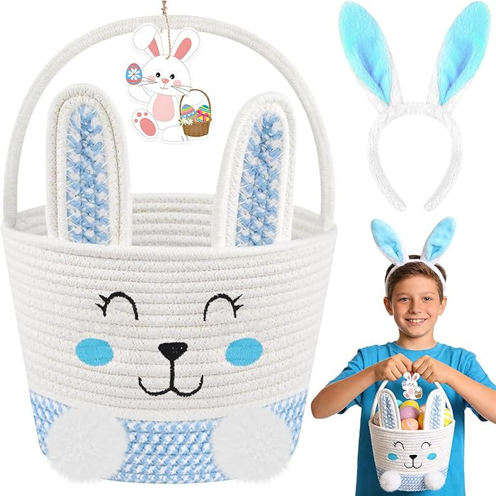Easter Basket for Boys Kids - Blue Small Woven Bunny Egg Basket with Bunny Ears Headband Name Tag... | Amazon (US)