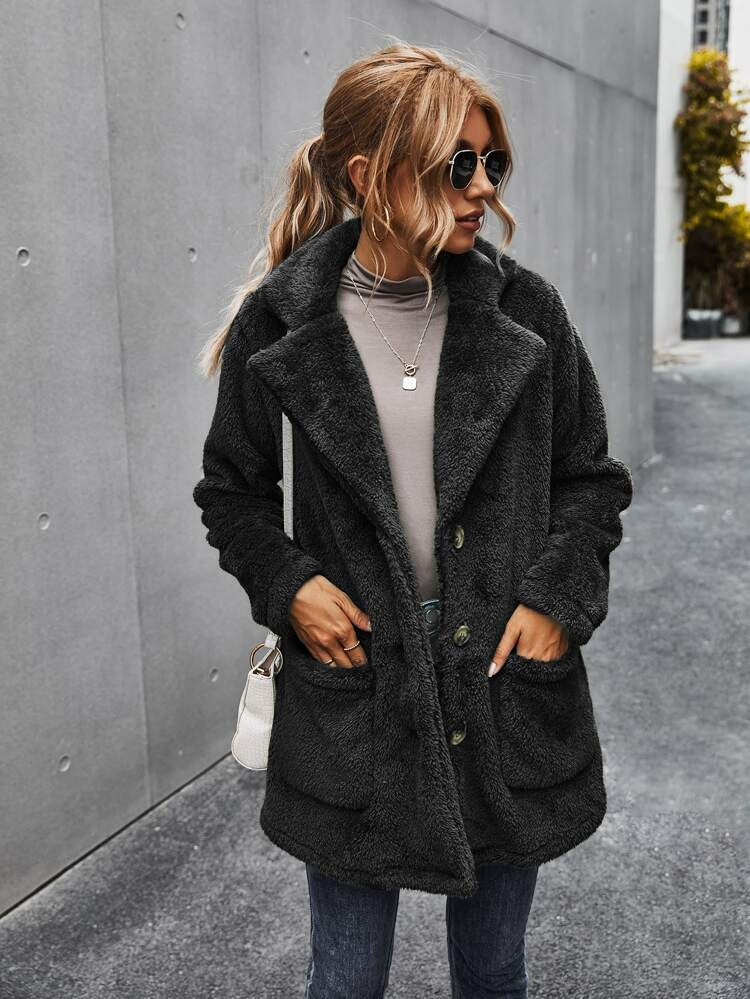 Button Front Double Pocket Teddy Coat | SHEIN