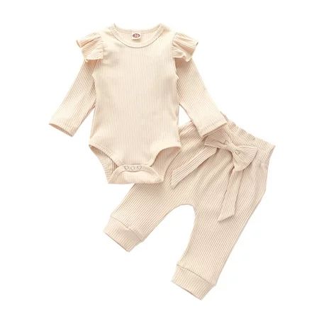 DuAnyozu Baby Girl Ruffle Knit Romper Jumpsuit Bow Pants Outfits 2PCS Set | Walmart (US)