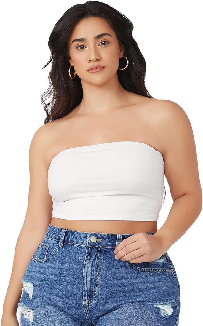Floerns Women's Plus Size Solid Strapless Bandeau Tops Basic Crop Tube Tops | Amazon (US)