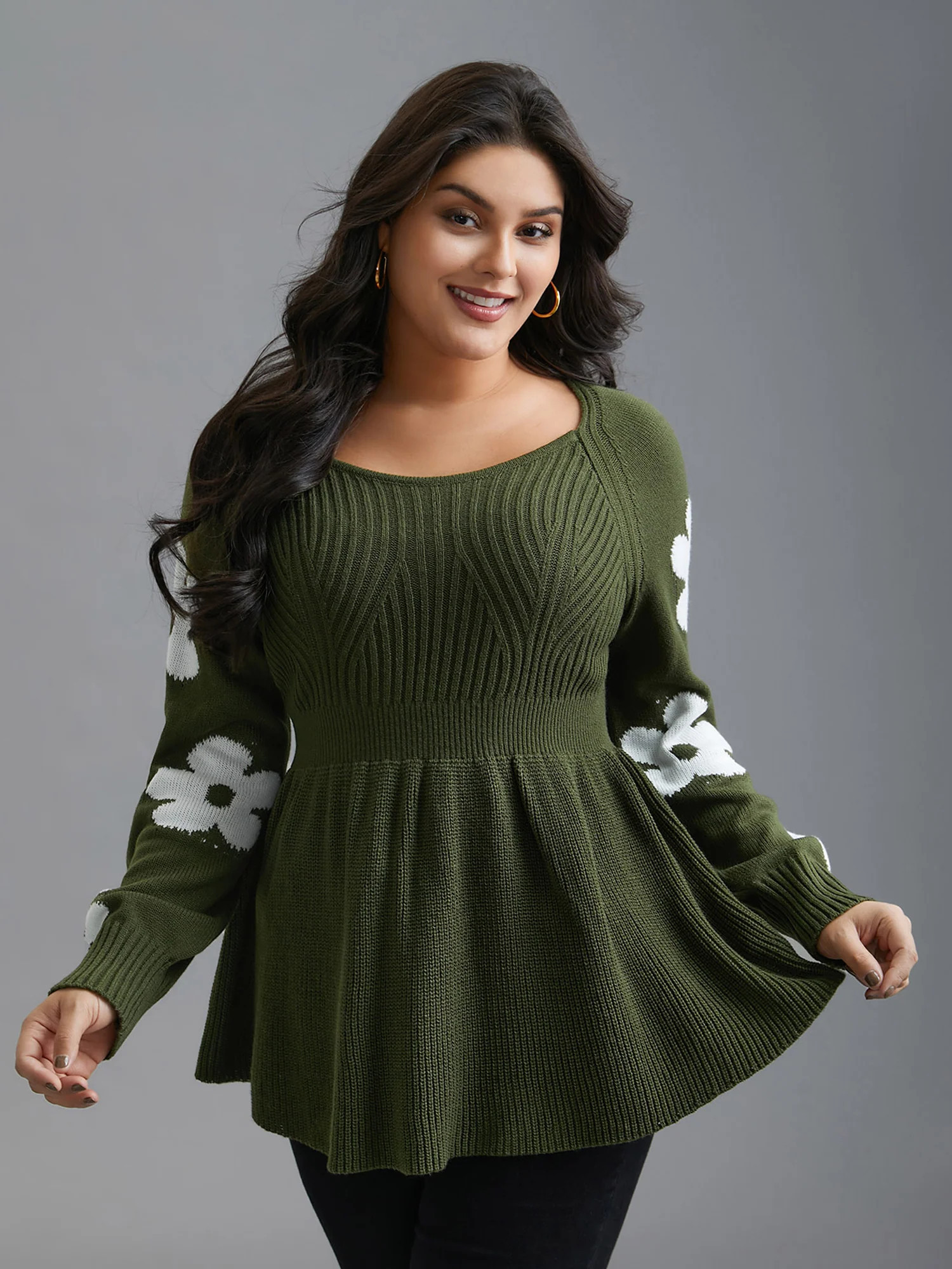 Floral Patch Jacquard Cinched Waist Pullover | Bloomchic