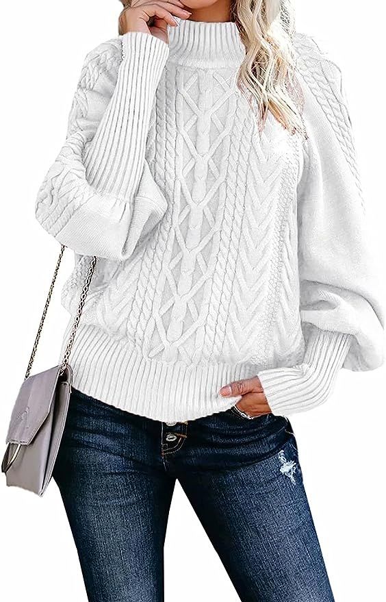 Dokotoo Women Solid Turtleneck Balloon Long Sleeve Sweaters Pullover Outerwear | Amazon (US)