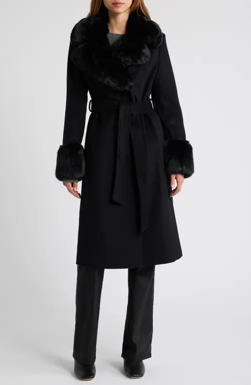 Via Spiga Belted Faux Fur Trim Coat in Black/Black at Nordstrom, Size Large | Nordstrom